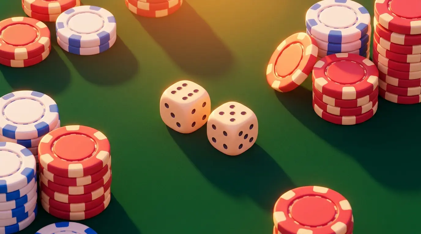 Casino chips and dice on felt table with UK theme