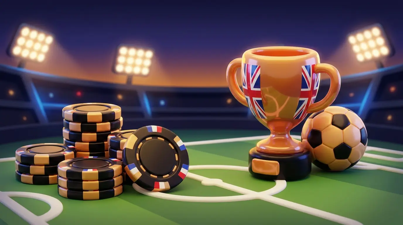 Football and poker chips with UK colors and stadium lights glowing