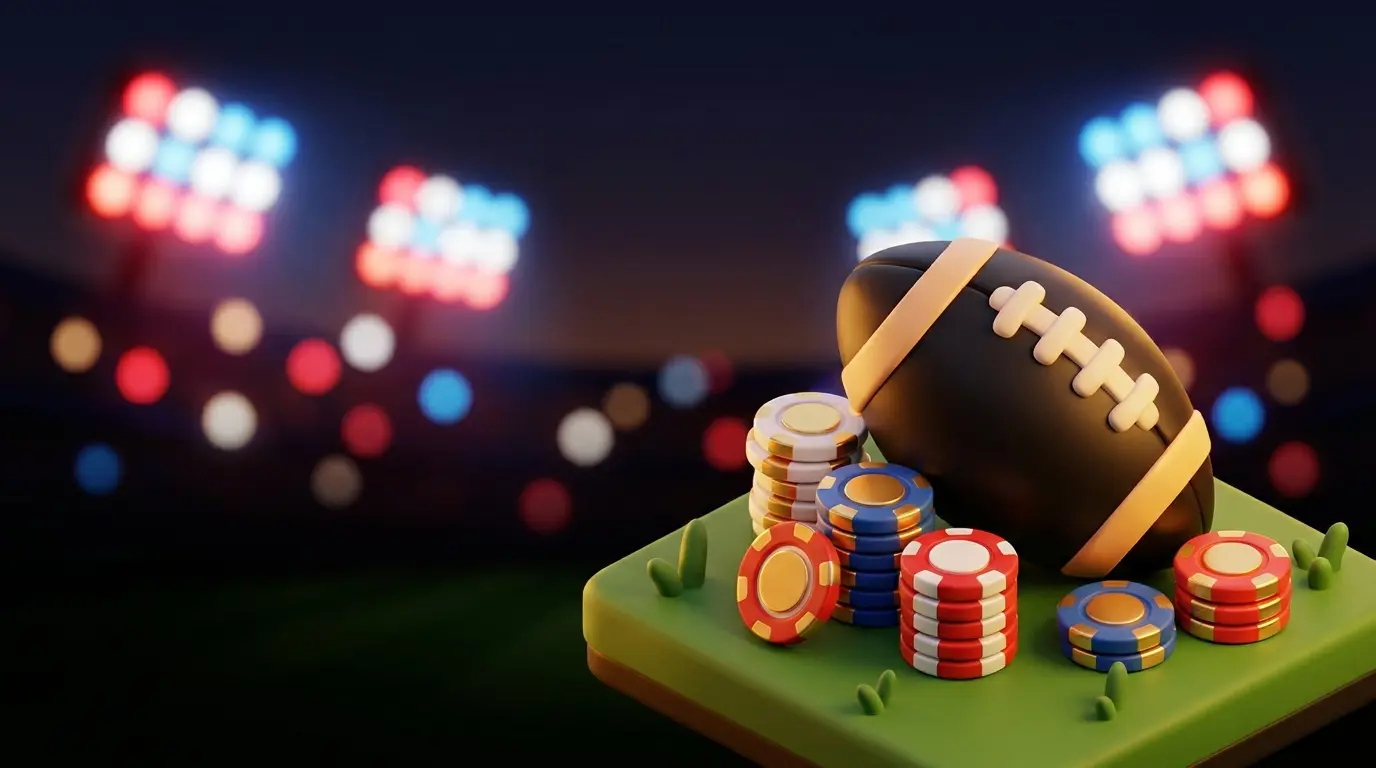 Football and betting chips with UK stadium lights in background
