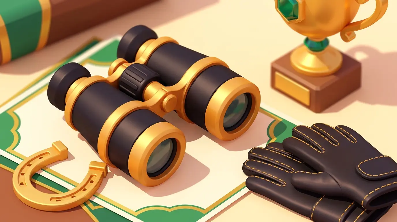 Binoculars, horseshoe and trophy representing Cheltenham Festival racing