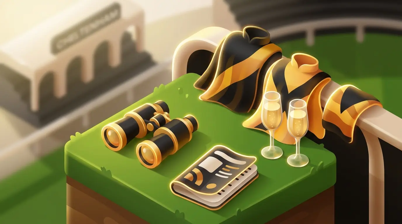 Binoculars and champagne on grass with racing grandstand backdrop