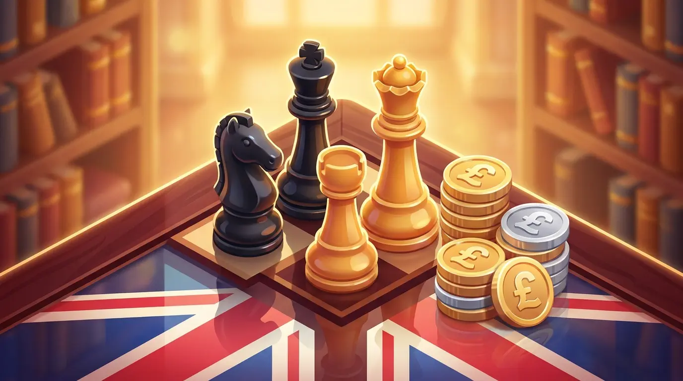 Chess pieces on board with British pound coins in warm lighting