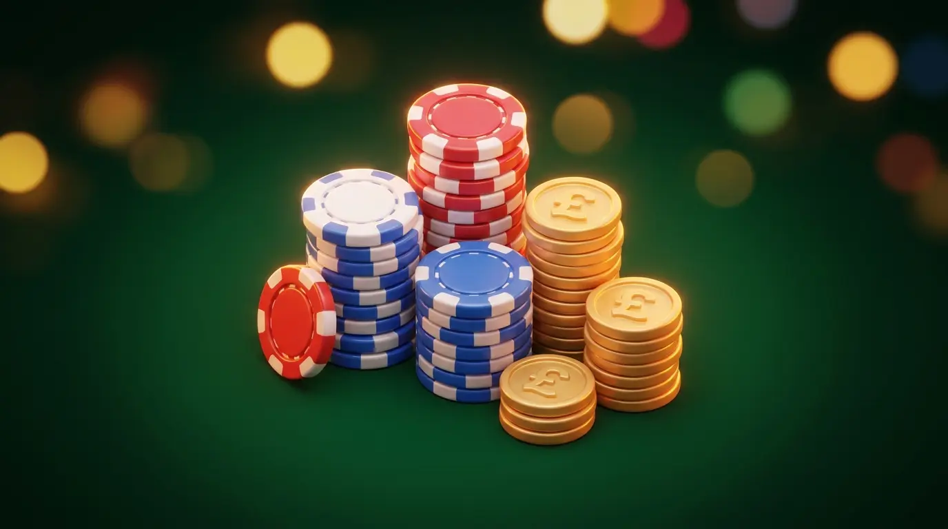 Poker chips and coins on felt representing over under betting