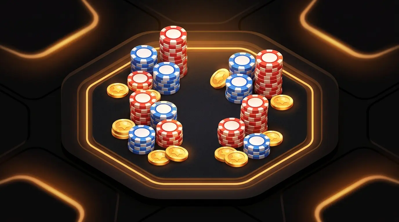 Poker chips and coins in British colors on casino felt