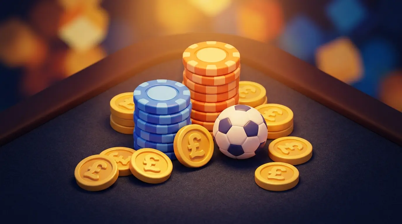 Poker chips and coins arranged with football on casino table