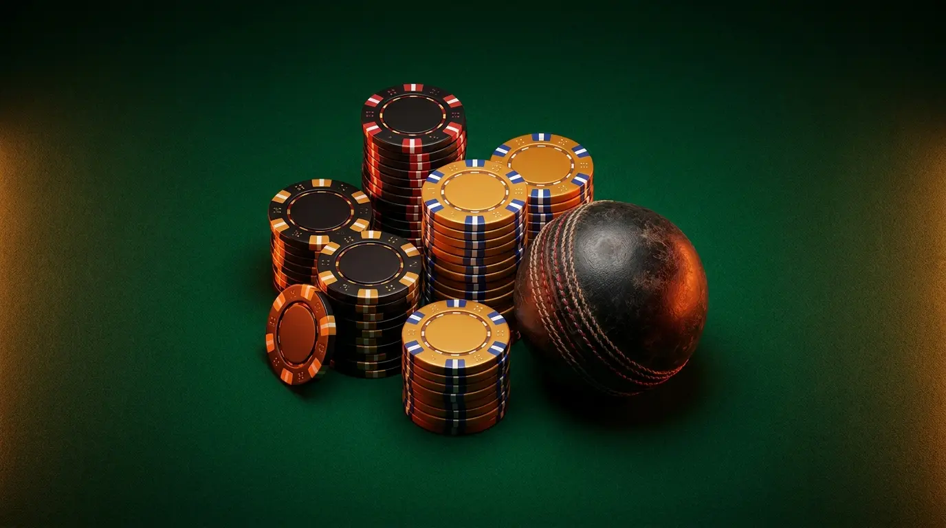 Casino chips and cricket ball on green felt surface