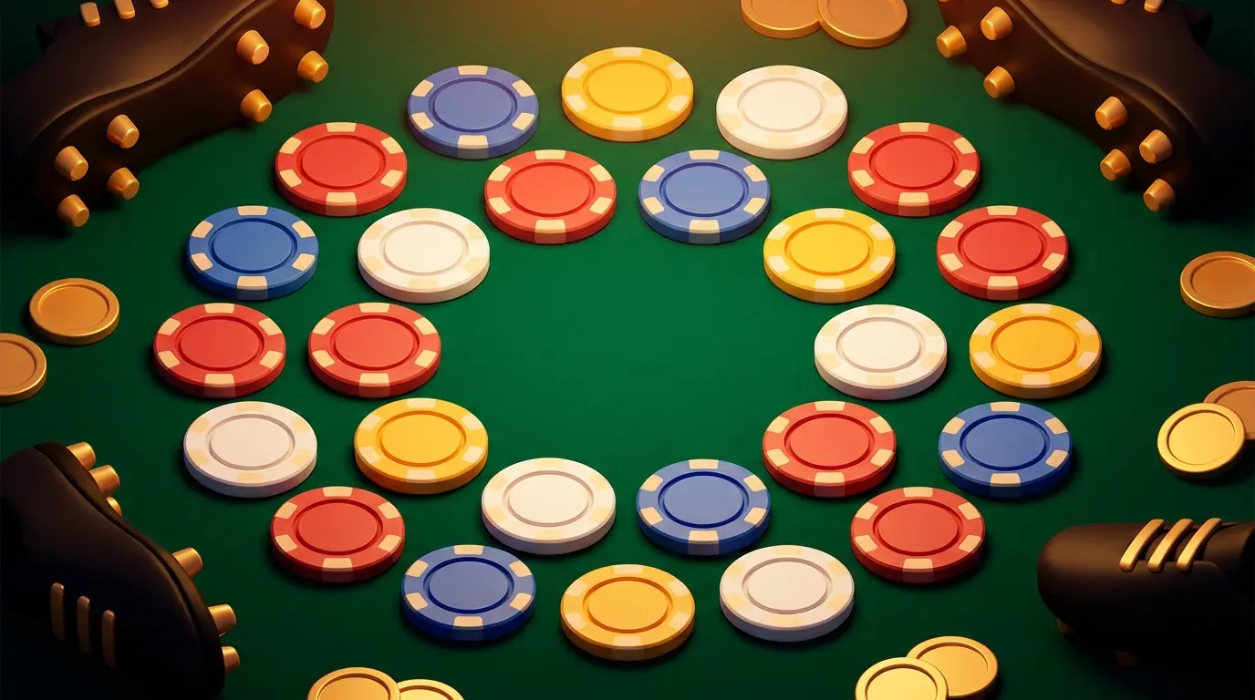 Betting chips and football equipment arranged on green felt surface