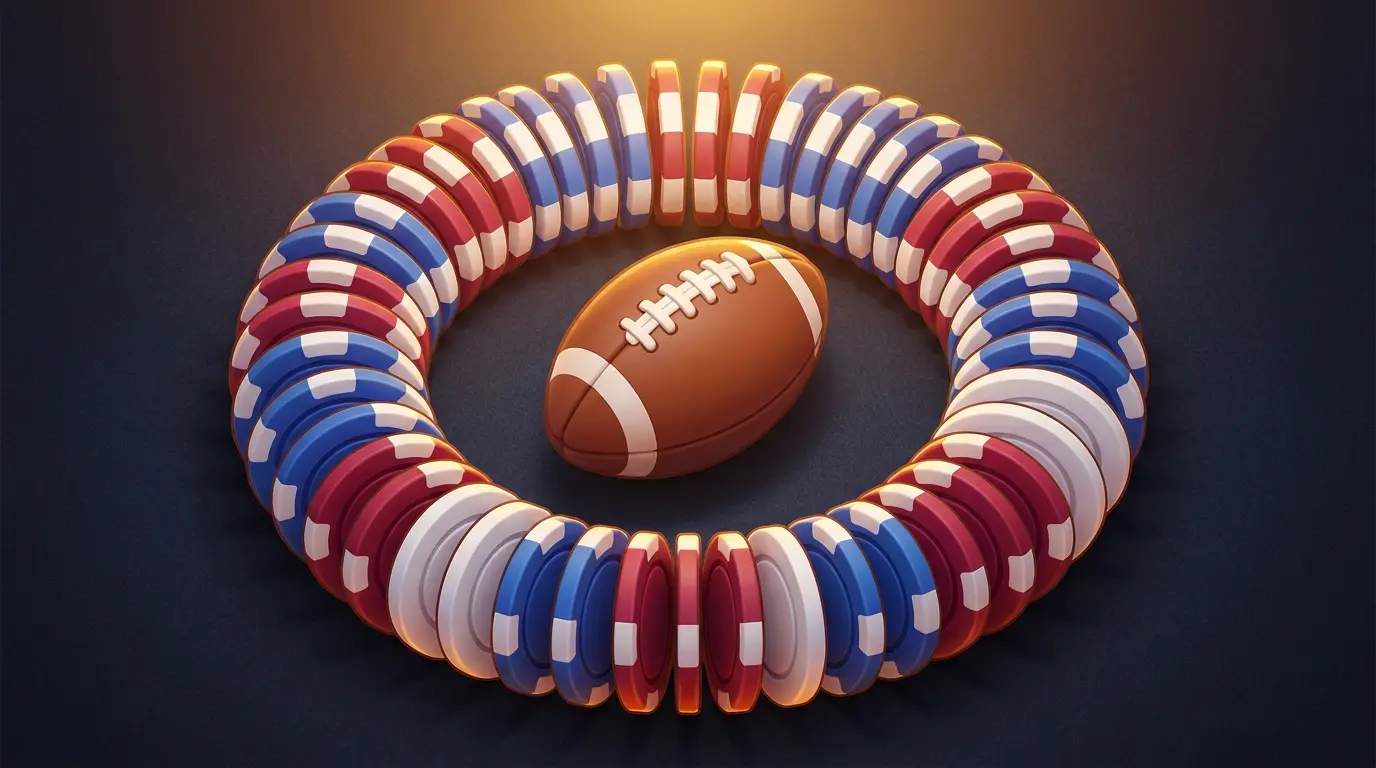 Poker chips and football arranged on felt surface