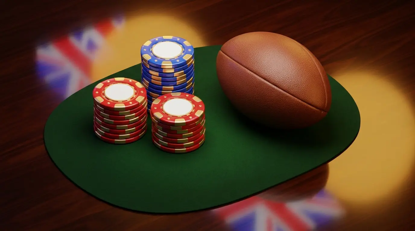 Poker chips and football in UK colors on dark surface