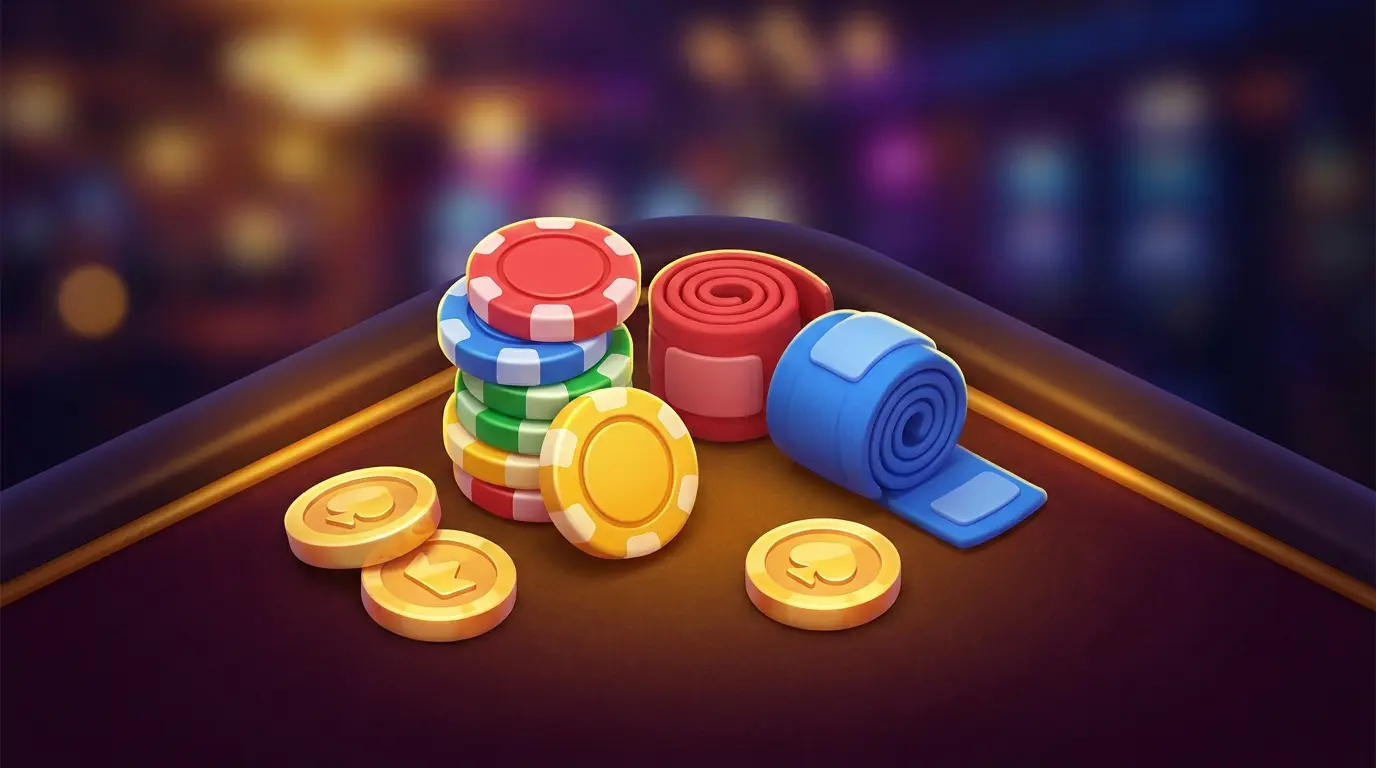 Casino chips and boxing hand wraps arranged on felt surface