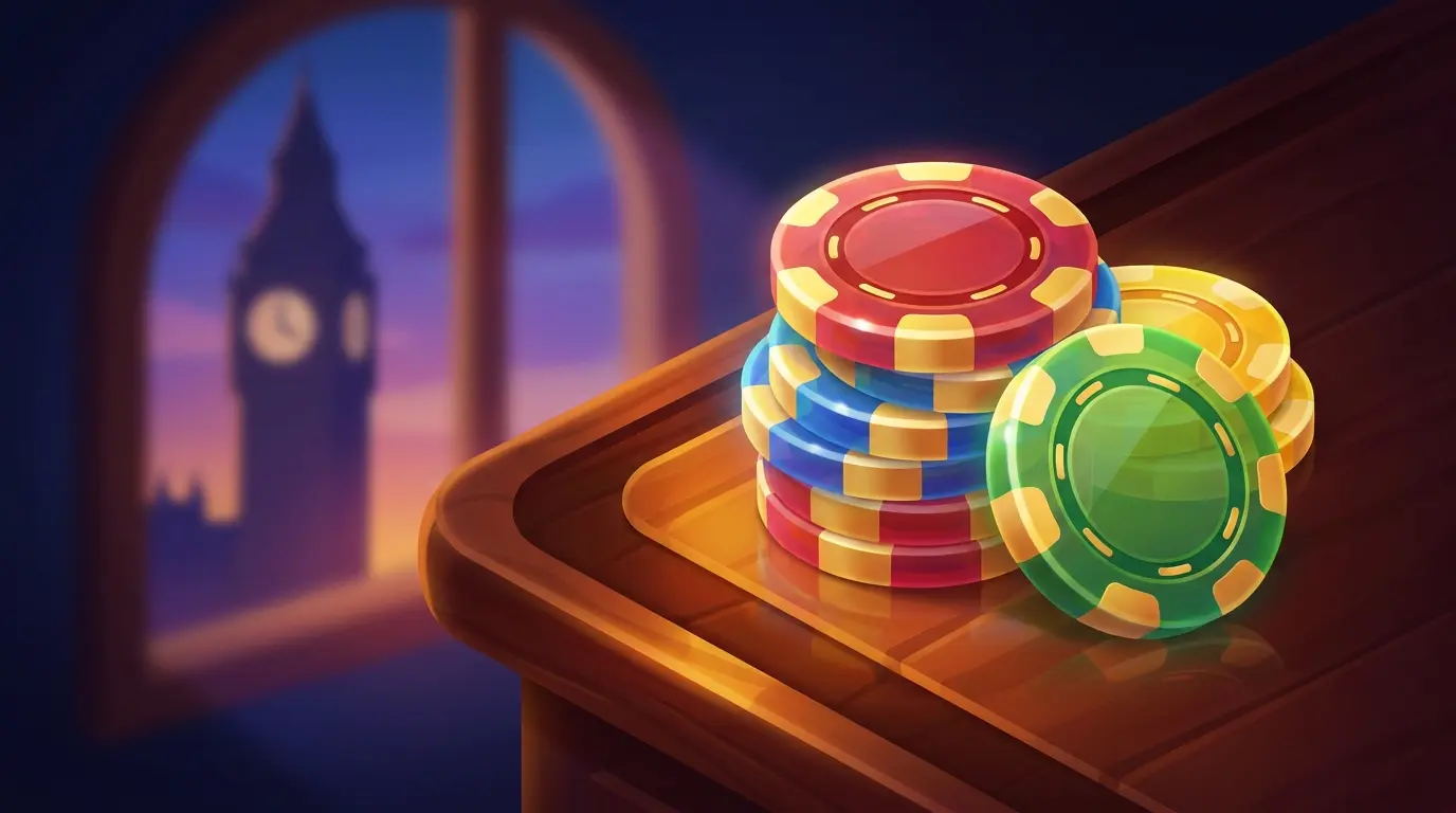 Casino chips with London Big Ben landmark in background