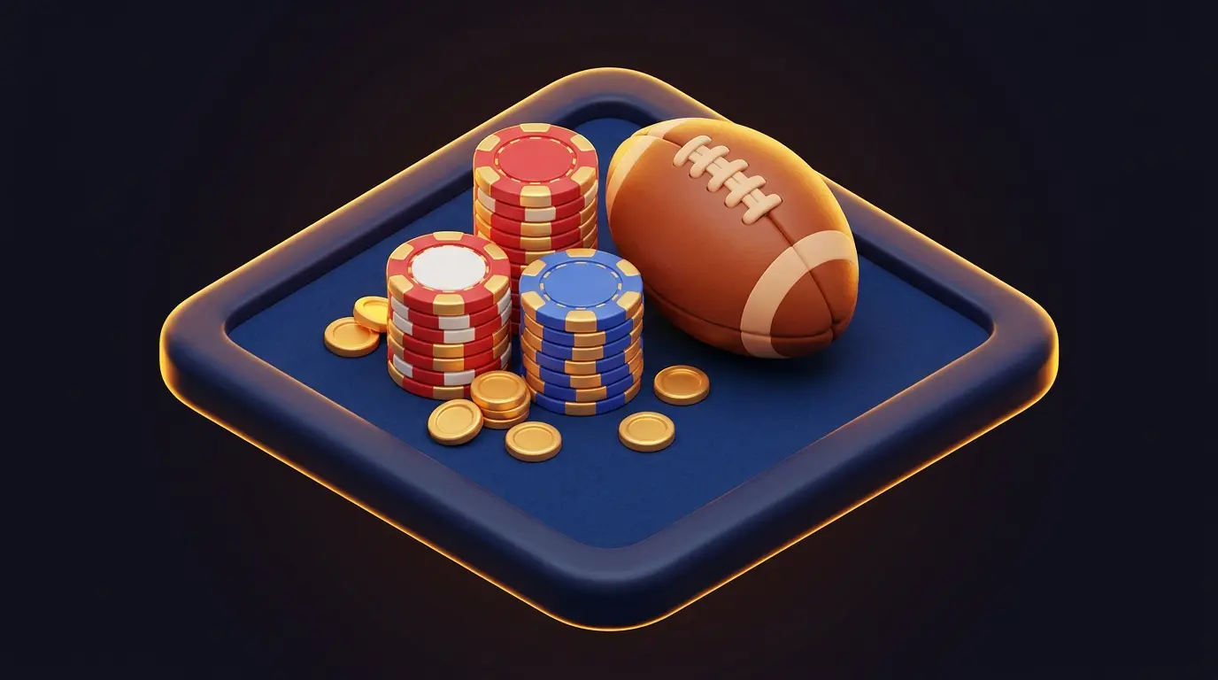 Poker chips and rugby ball in British colours on felt