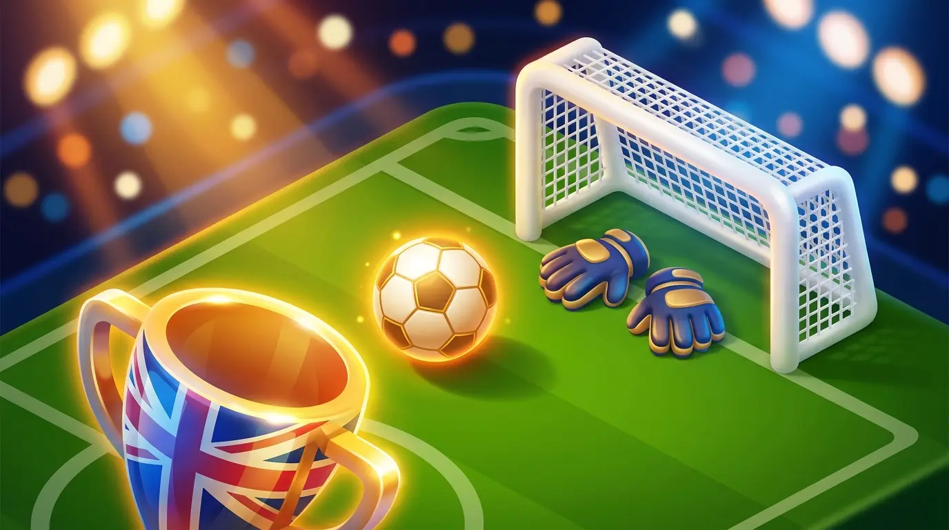 Football and goalkeeper gloves by goal net with UK colors and trophy