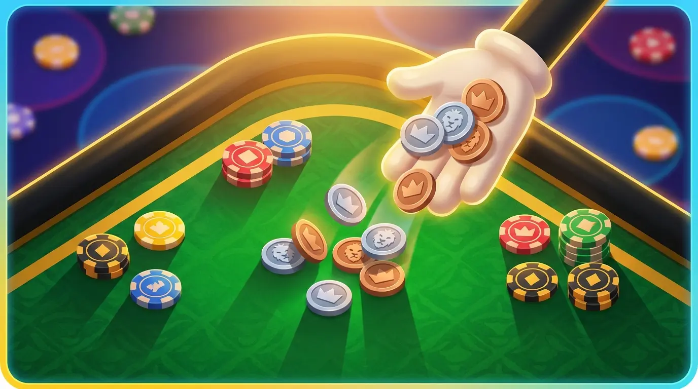 British coins falling onto green betting table with casino chips