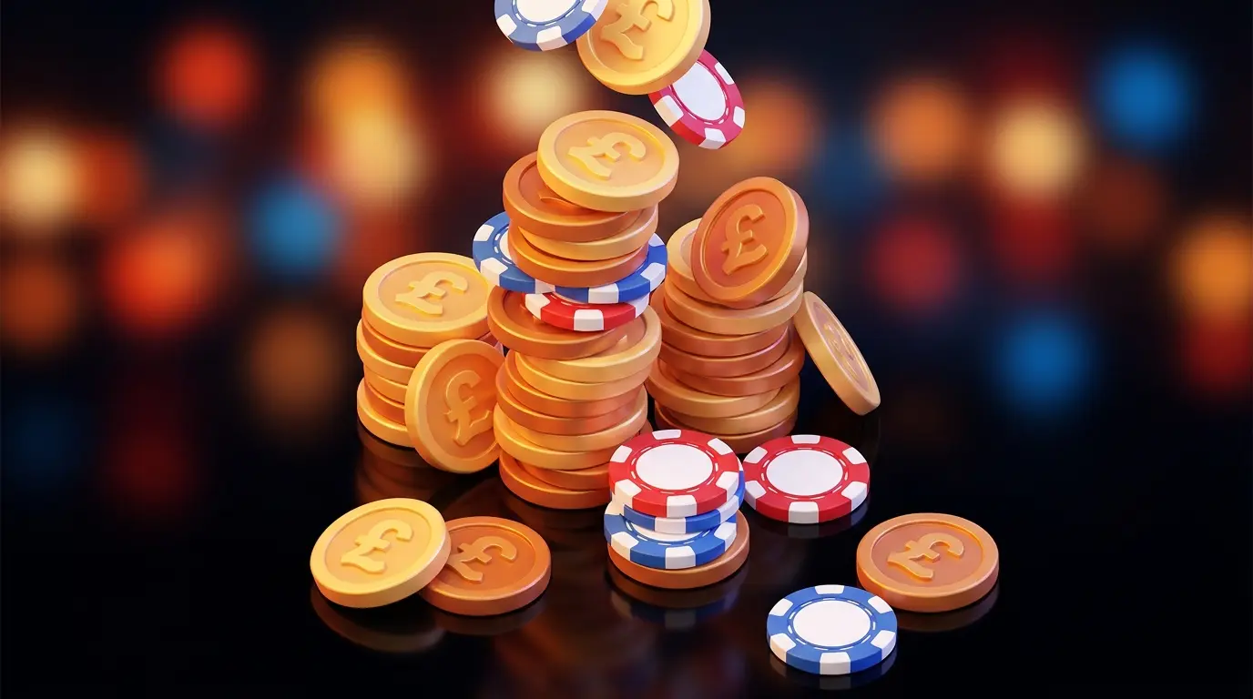 British pound coins and casino chips representing cashback bonuses