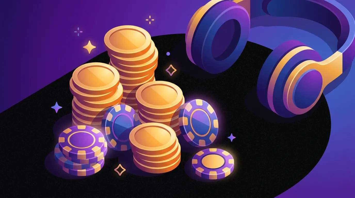 Stacked coins and chips with gaming headset in esports theme