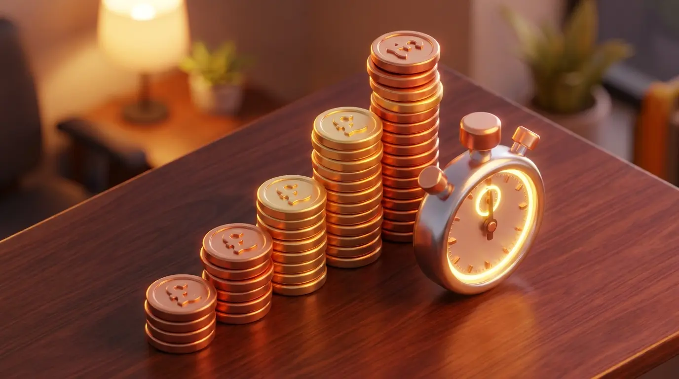Pound coins stacked beside stopwatch representing fast withdrawals
