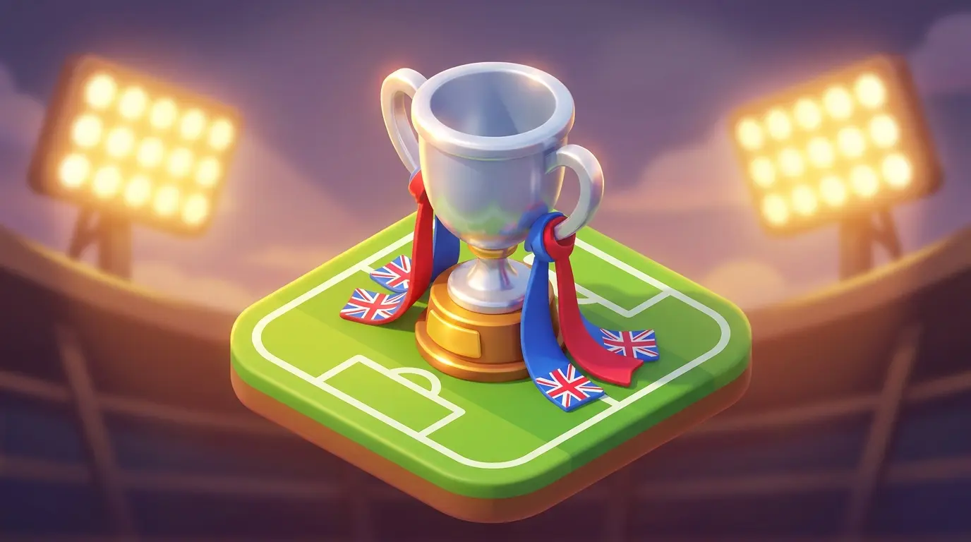 Trophy on football pitch with Union Jack colours at sunset