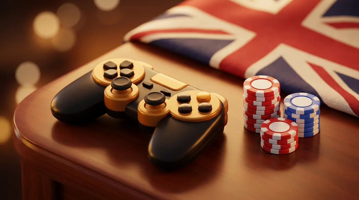 Gaming controller with British-themed poker chips on elegant surface