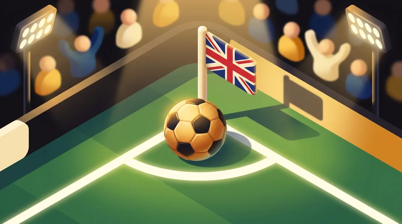 Football positioned in corner of pitch with flag post and stadium lights