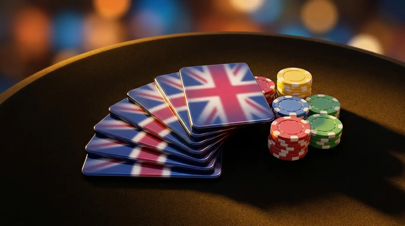 Credit cards fanned out beside poker chips with UK themed lighting