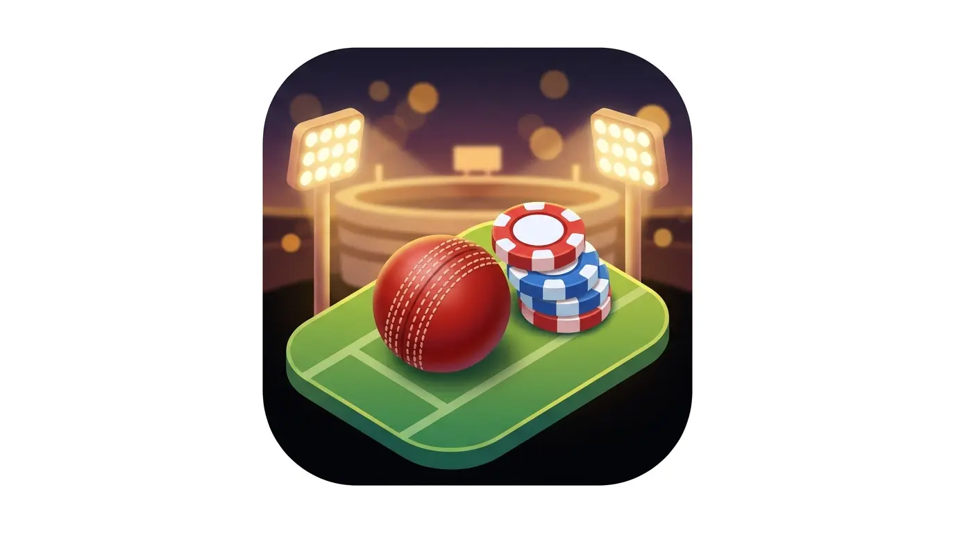 Cricket ball and betting chips on pitch with stadium lights