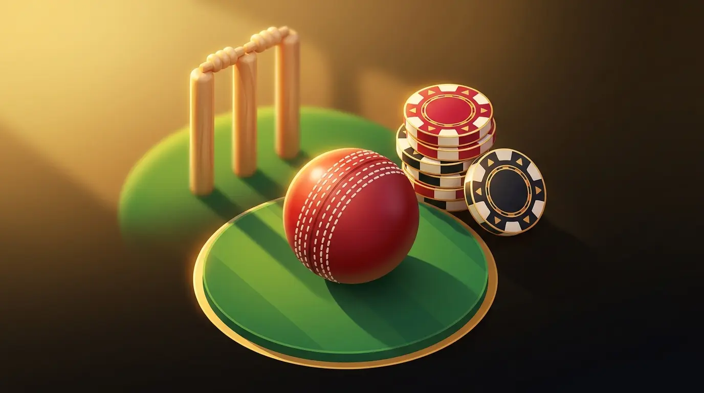 Cricket ball on pitch with betting chips in golden sunlight