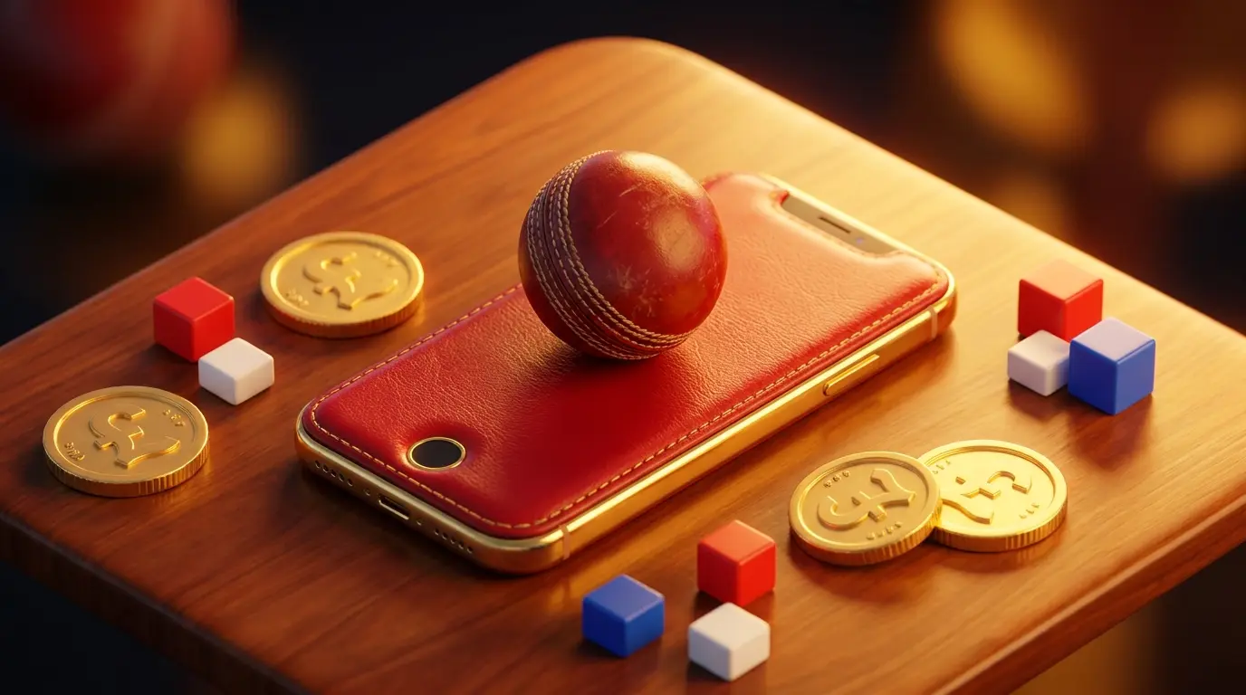 Cricket ball with smartphone and British coins on wooden surface