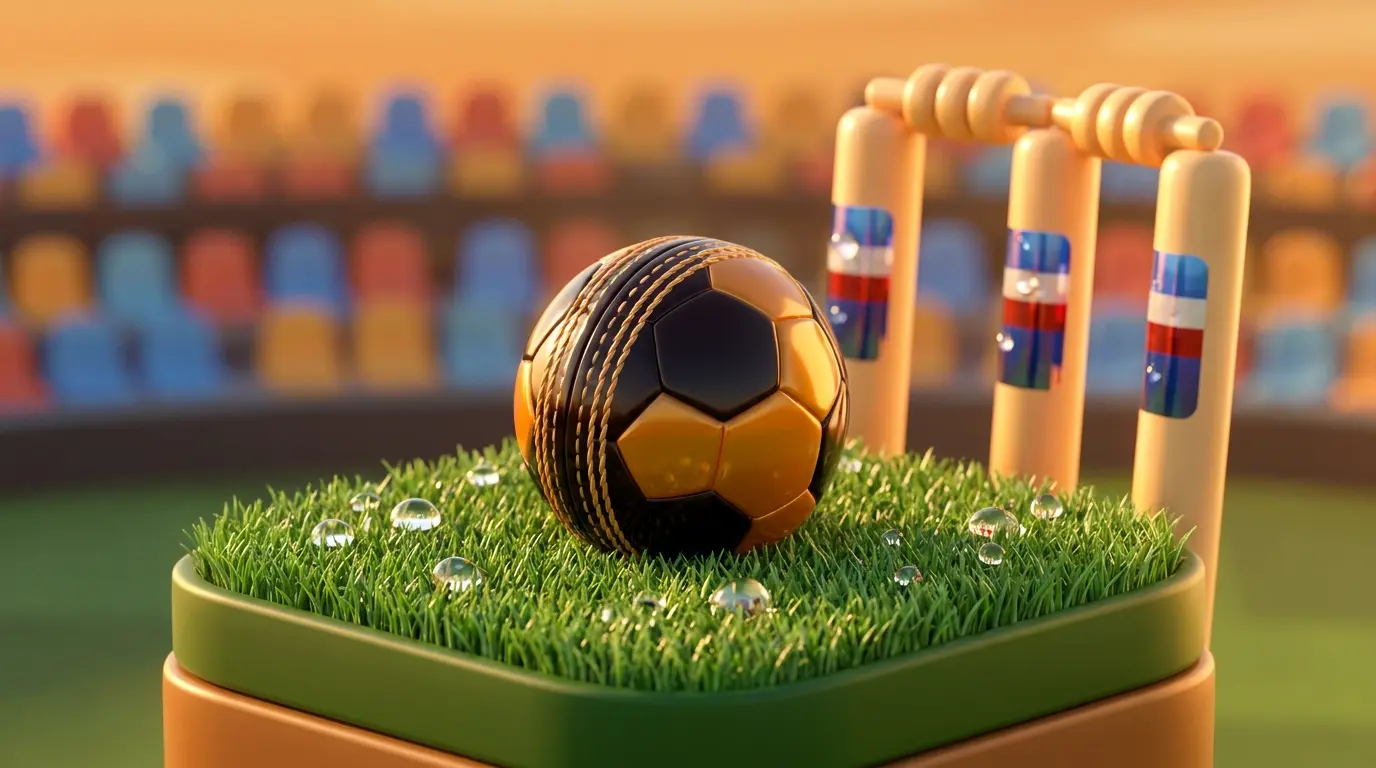 Cricket ball on pitch with stumps and stadium in background