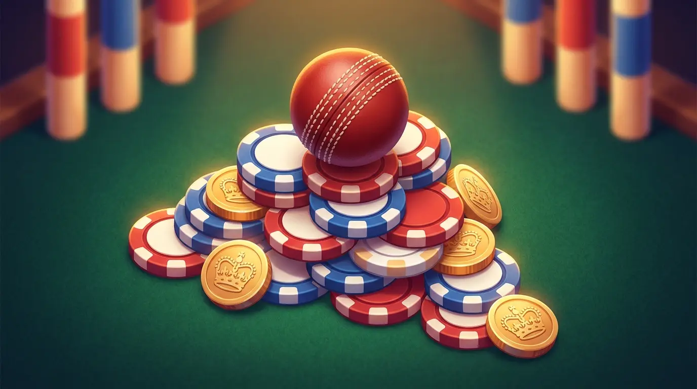 Cricket ball with betting chips and British coins on green felt