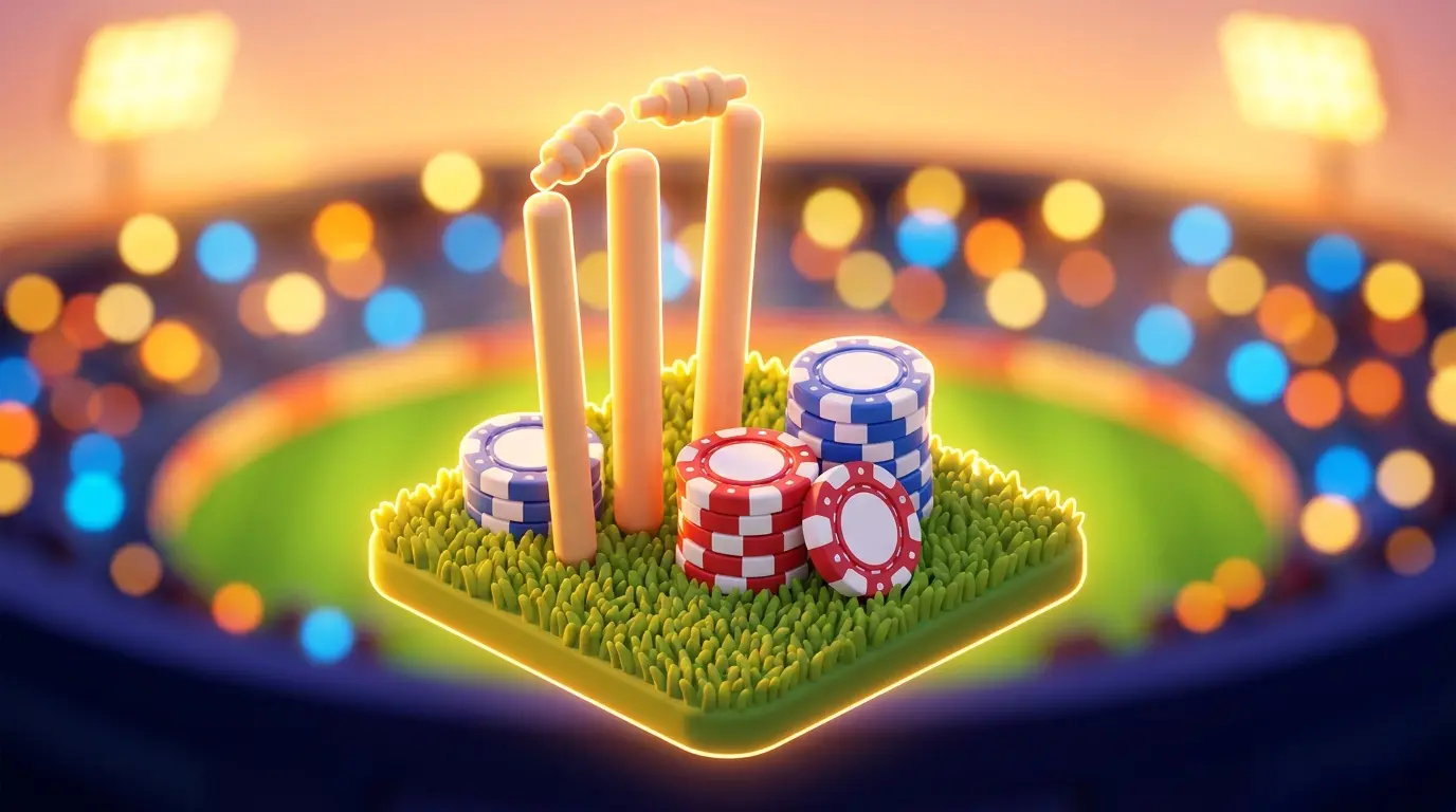 Cricket stumps with betting chips and stadium lights background