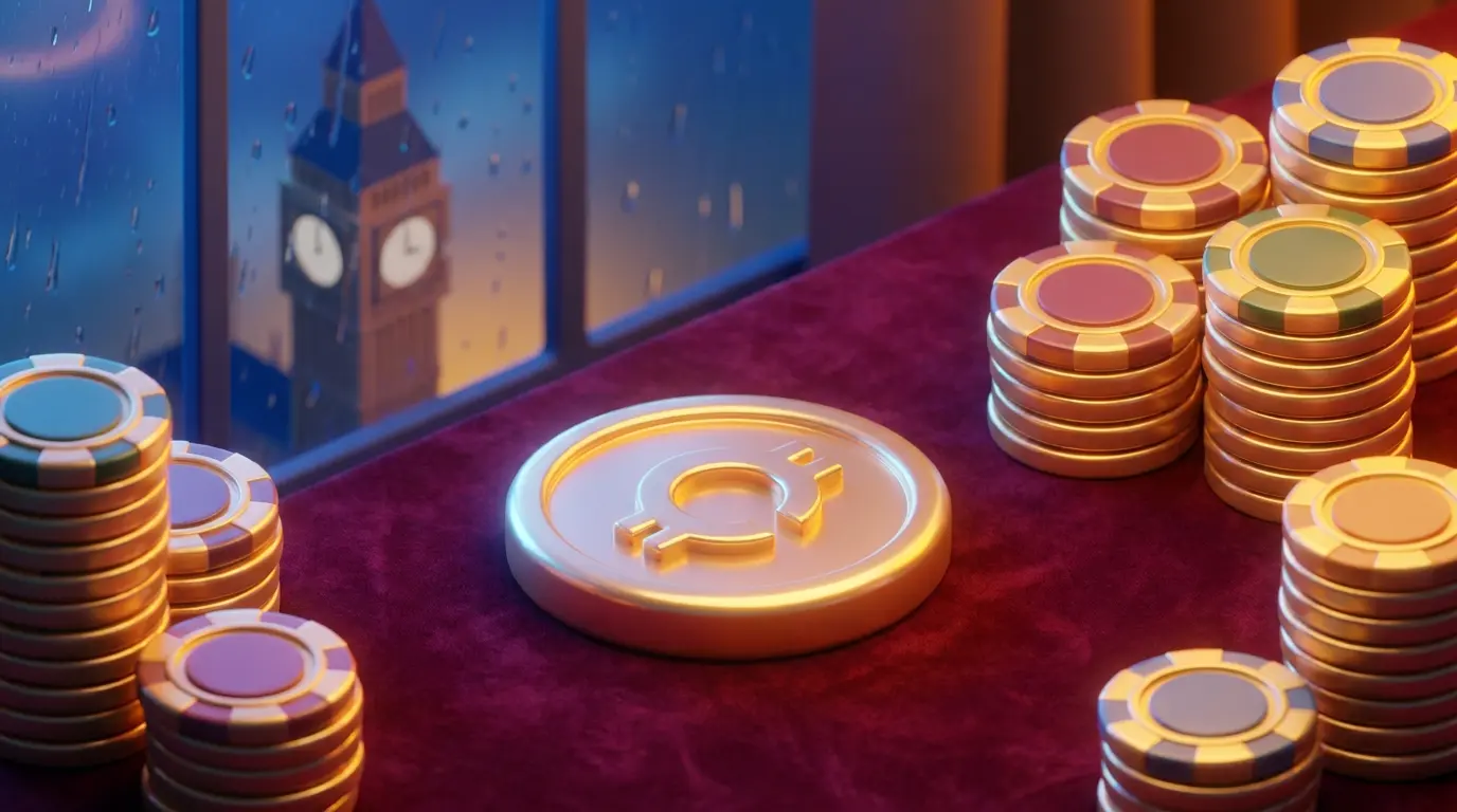 Cryptocurrency coin with poker chips and London landmark silhouette