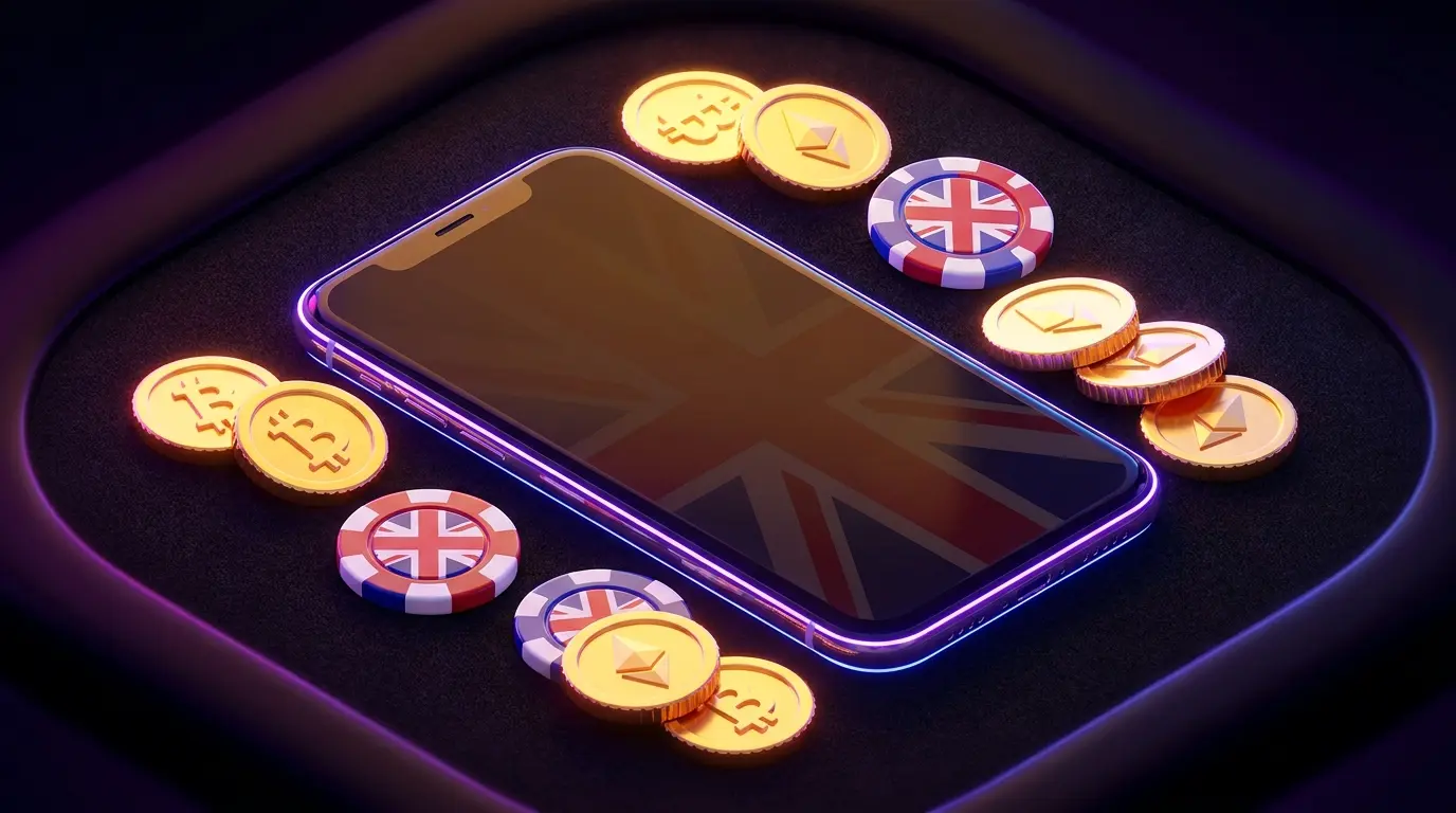 Smartphone with cryptocurrency coins and casino chips in UK colors