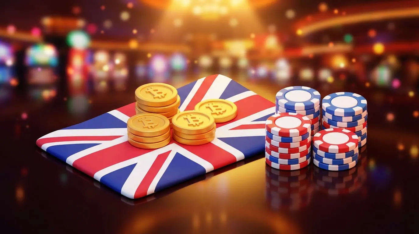 Cryptocurrency coins and casino chips on Union Jack fabric