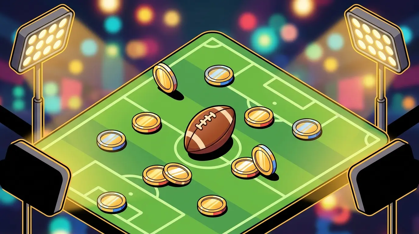 Cryptocurrency coins and football on pitch with UK color accents