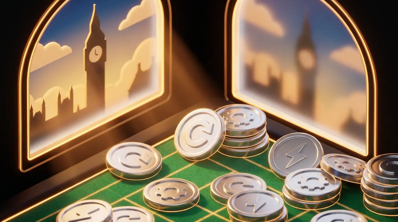 Cryptocurrency coins on casino table with London landmark backdrop