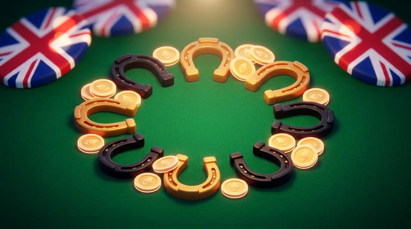 Horseshoes with crypto coins on green felt in UK colours