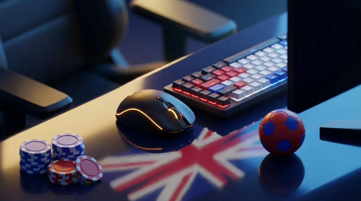 CS2 gaming setup with betting chips and UK themed colors
