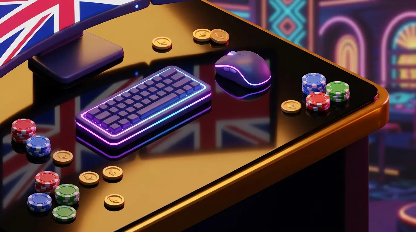 Gaming setup with poker chips and coins in UK colors with neon lighting