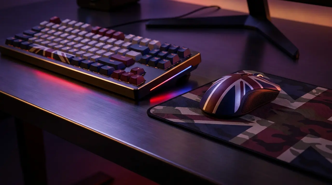 Gaming setup with UK themed lighting and Counter-Strike elements