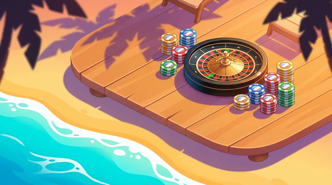 Casino chips on tropical deck with ocean view and British color accents