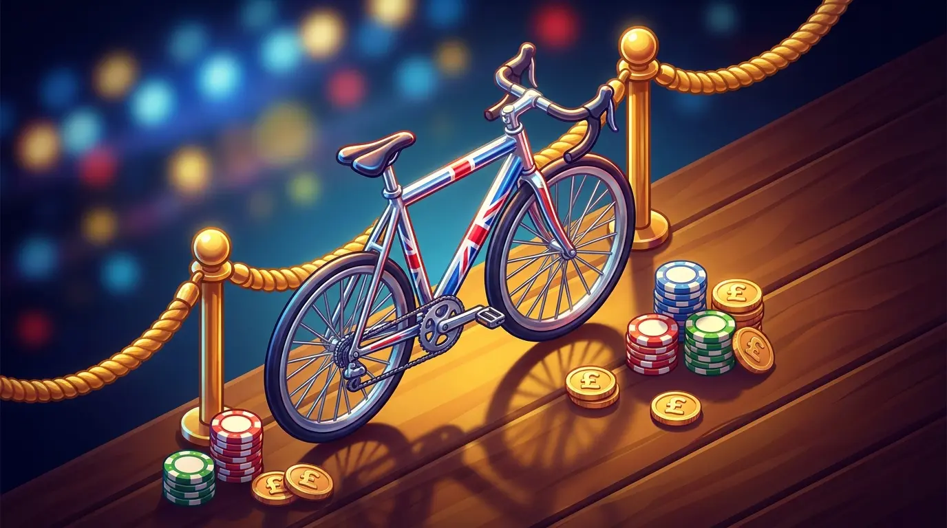 Racing bicycle with poker chips and British coins in dramatic lighting
