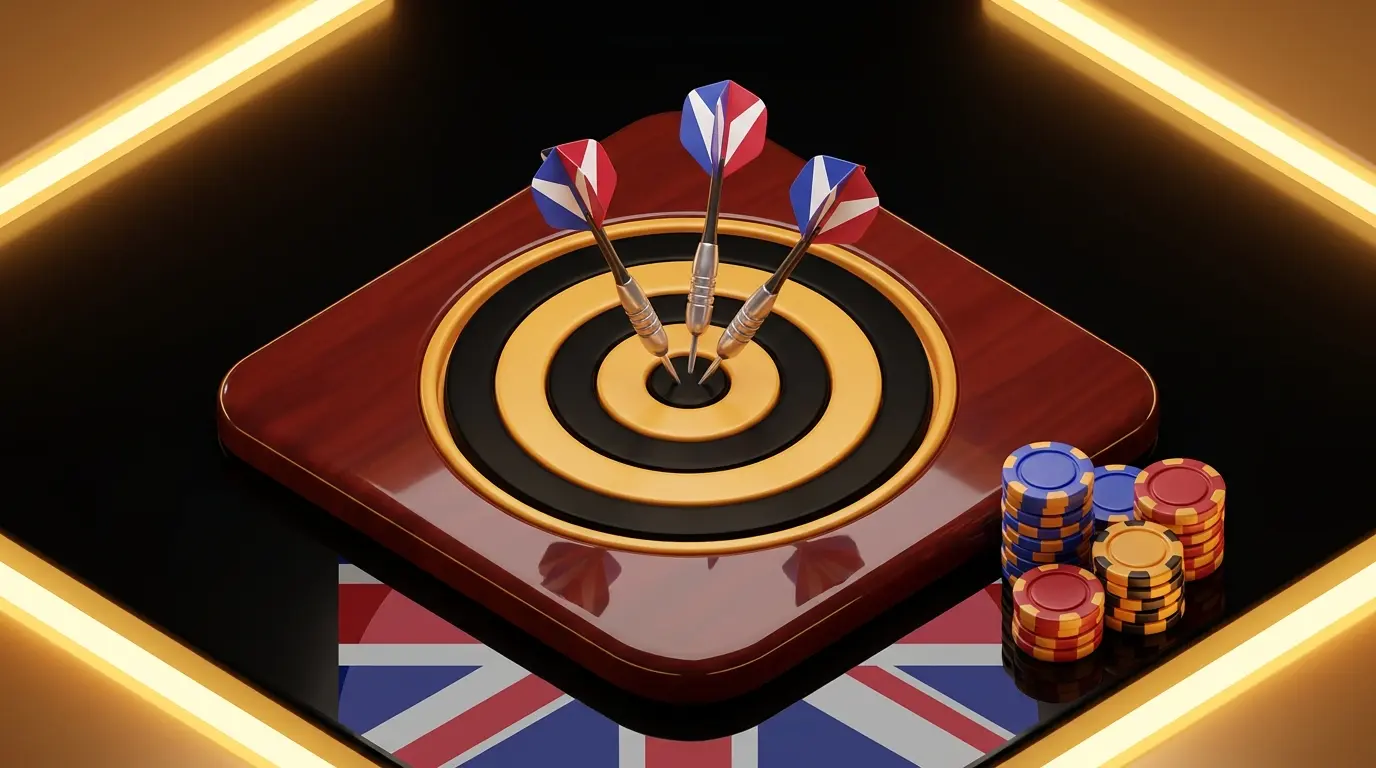 Dartboard with Union Jack colored darts and betting chips overhead view