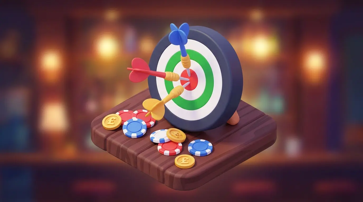 Darts in bullseye with betting chips and coins on wooden surface