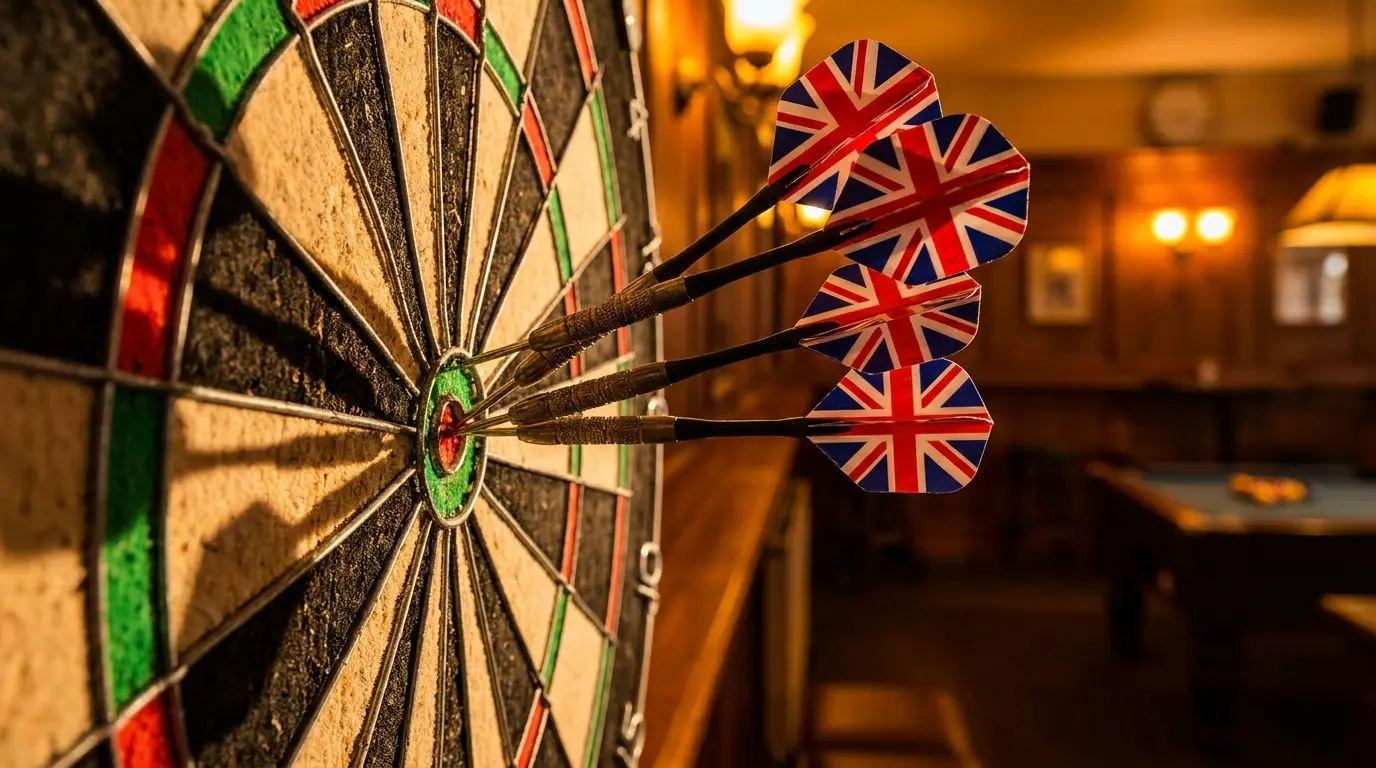 Darts in bullseye with British flag flights on dartboard