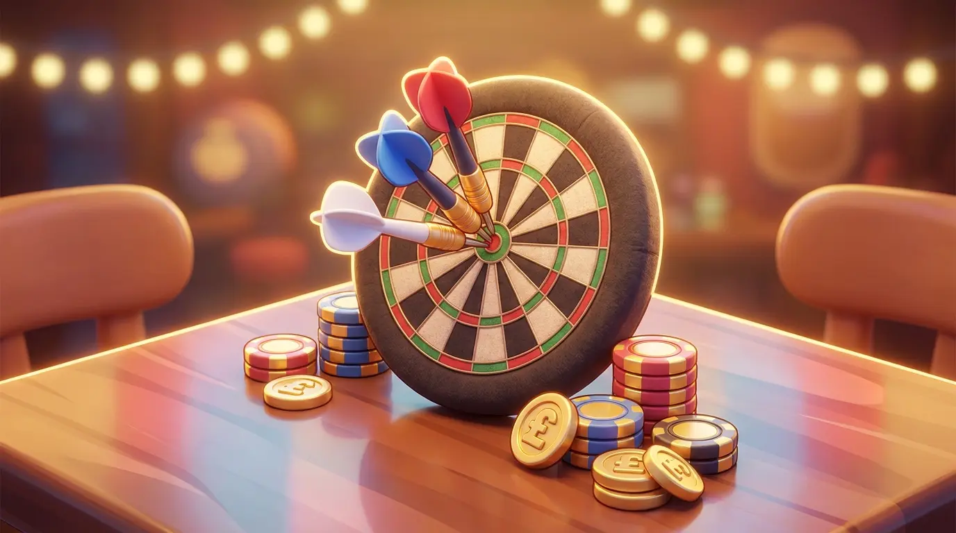 Darts in bullseye with British currency and betting chips on table