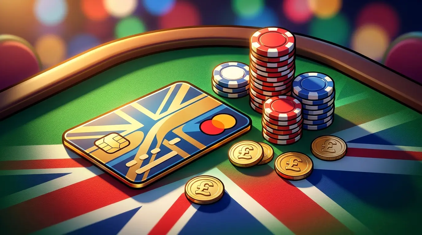 Debit card with poker chips and British pound coins on casino felt