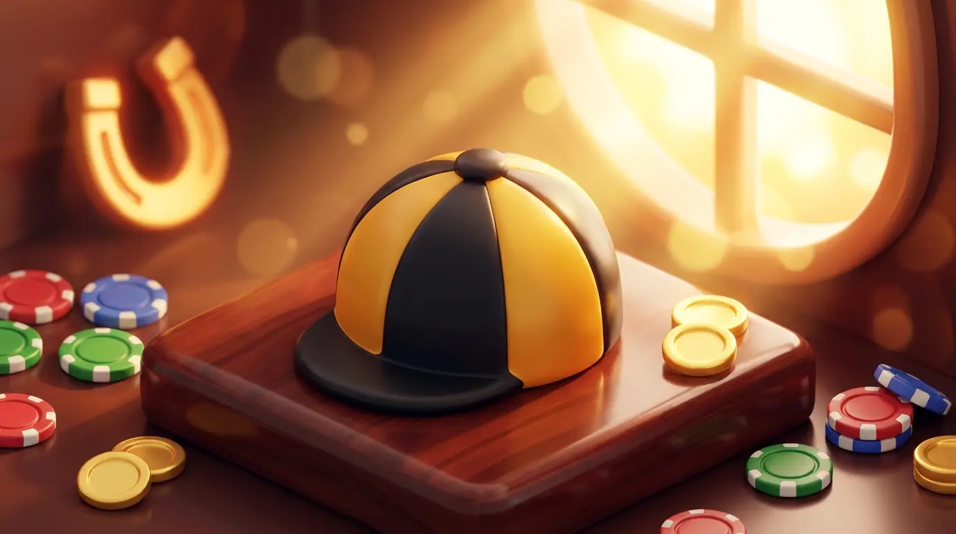 Racing colors cap with betting chips and horseshoe in elegant setting