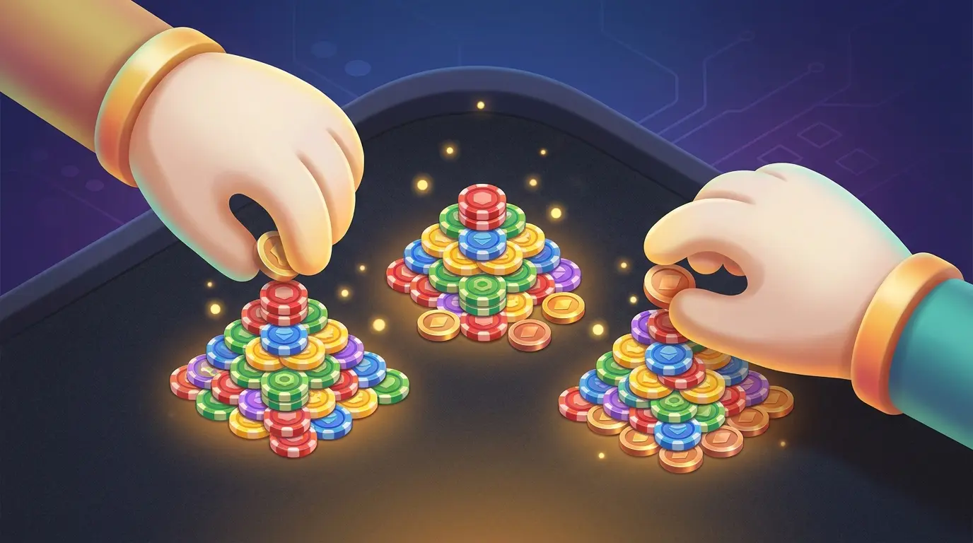 Hands dividing betting chips into organized portions on table