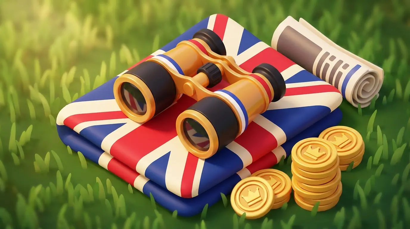 Binoculars and coins on British flag with horse racing theme